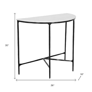 HomeRoots 36" Half Moon Console Table - Elegant White Marble Top with Black Iron Base for Modern Spaces 654552