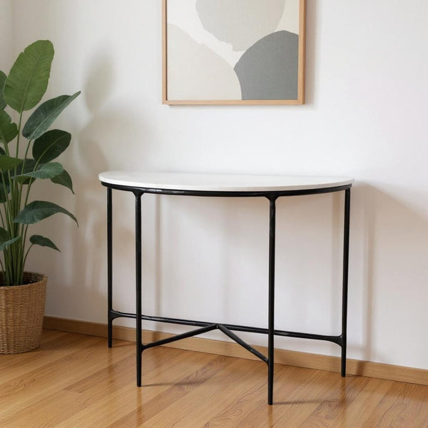 HomeRoots 36" Half Moon Console Table - Elegant White Marble Top with Black Iron Base for Modern Spaces 654552