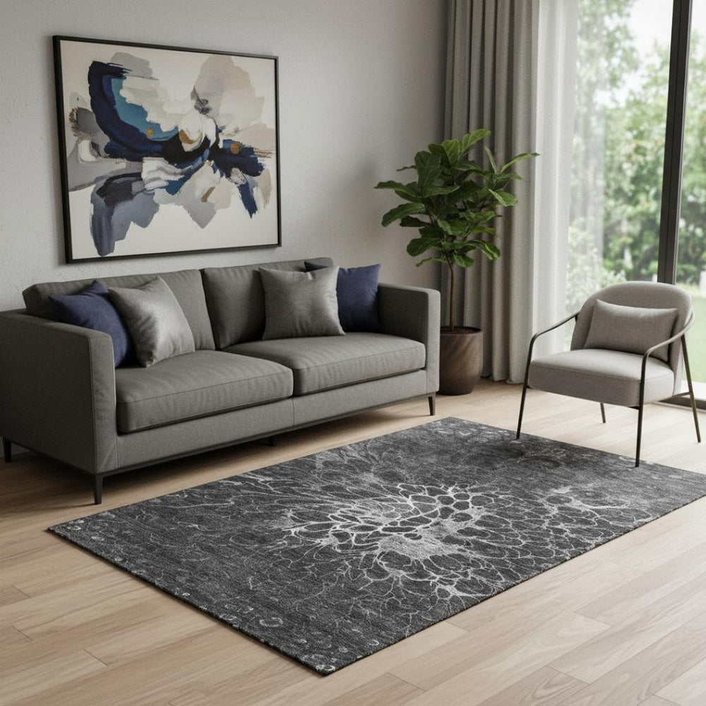 HomeRoots 5' X 8' Charcoal & Silver Abstract Area Rug – Stylish, Washable & UV-Protected for High-Traffic Spaces 654556