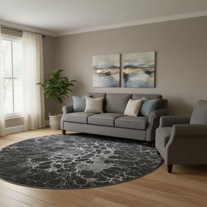 HomeRoots 8' Charcoal and Silver Abstract Round Rug - Stylish, Washable, UV Protected for Modern Homes 654557