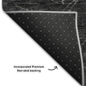 HomeRoots 8' Charcoal and Silver Abstract Round Rug - Stylish, Washable, UV Protected for Modern Homes 654557