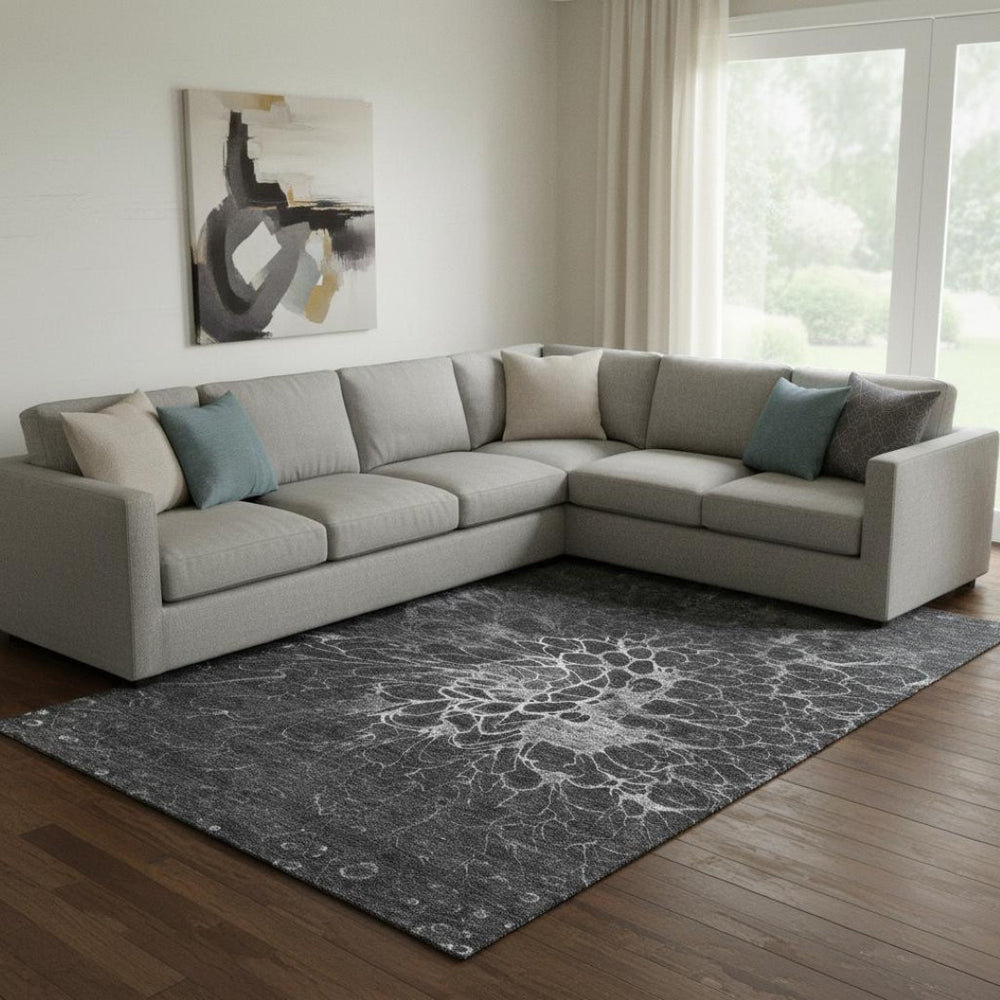 HomeRoots 8' X 10' Charcoal & Silver Abstract Washable Area Rug - Durable, Stain-Resistant, UV Protected Design 654558