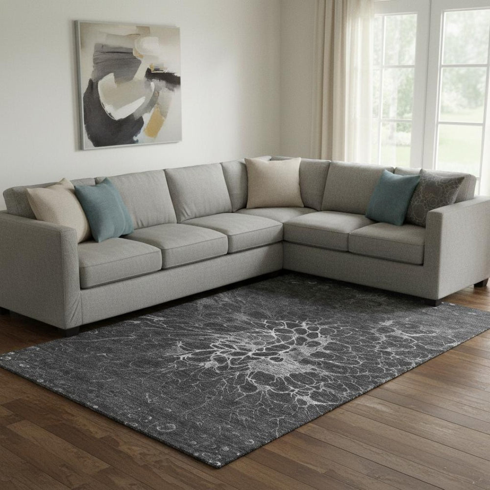 HomeRoots 9' X 12' Charcoal & Silver Abstract Area Rug - Washable, Durable, UV-Protected for Modern Spaces 654559