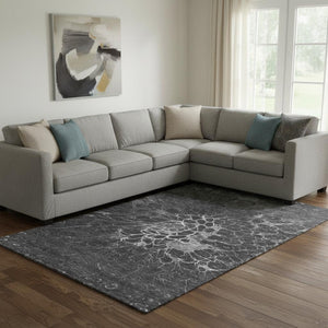 HomeRoots 9' X 12' Charcoal & Silver Abstract Area Rug - Washable, Durable, UV-Protected for Modern Spaces 654559