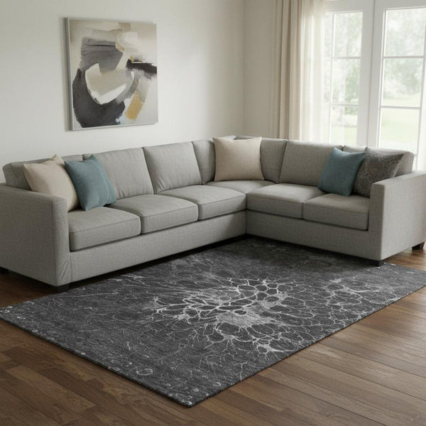 HomeRoots 9' X 12' Charcoal & Silver Abstract Area Rug - Washable, Durable, UV-Protected for Modern Spaces 654559