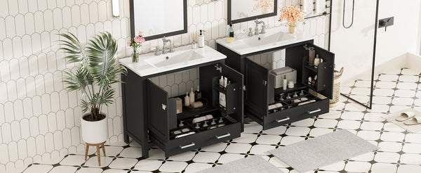 English Elm 72" Black Bathroom Vanity Set with Double Ceramic Sinks, Soft-Close Doors, Divided Drawer, Ample Storage and Solid Wood Frame for Durable Modern Style N729P000006B
