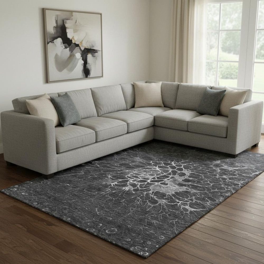 HomeRoots 10' X 14' Charcoal & Silver Abstract Washable Area Rug – Stylish, Durable, UV-Protected for Busy Homes 654560