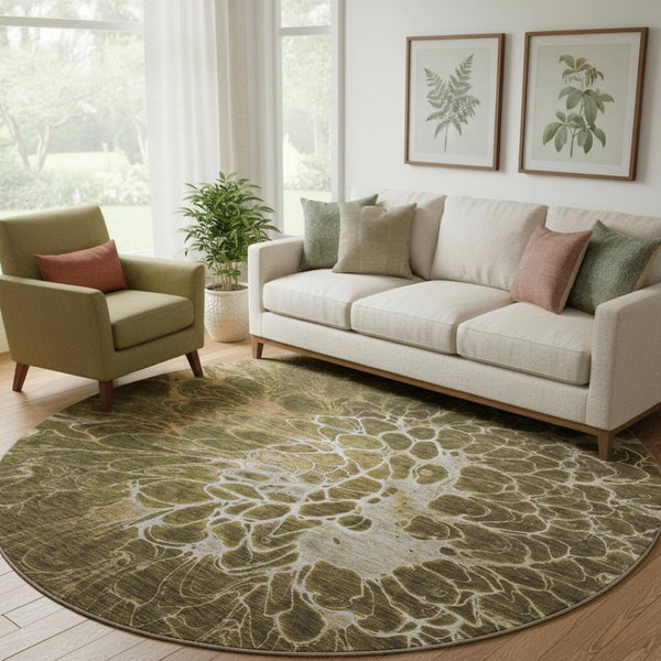 HomeRoots 8' Chocolate and Silver Abstract Washable Round Rug - UV Protected, Modern Design for Busy Homes 654563
