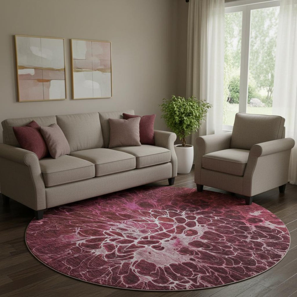 HomeRoots 8' Merlot & Silver Abstract Round Rug – Washable, UV-Protected, Stylish for High-Traffic Areas 654569
