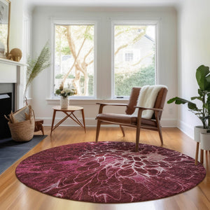 HomeRoots 8' Merlot & Silver Abstract Round Rug – Washable, UV-Protected, Stylish for High-Traffic Areas 654569