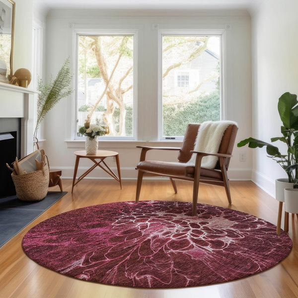 HomeRoots 8' Merlot & Silver Abstract Round Rug – Washable, UV-Protected, Stylish for High-Traffic Areas 654569
