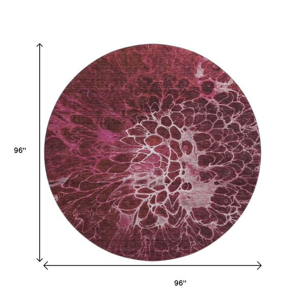 HomeRoots 8' Merlot & Silver Abstract Round Rug – Washable, UV-Protected, Stylish for High-Traffic Areas 654569