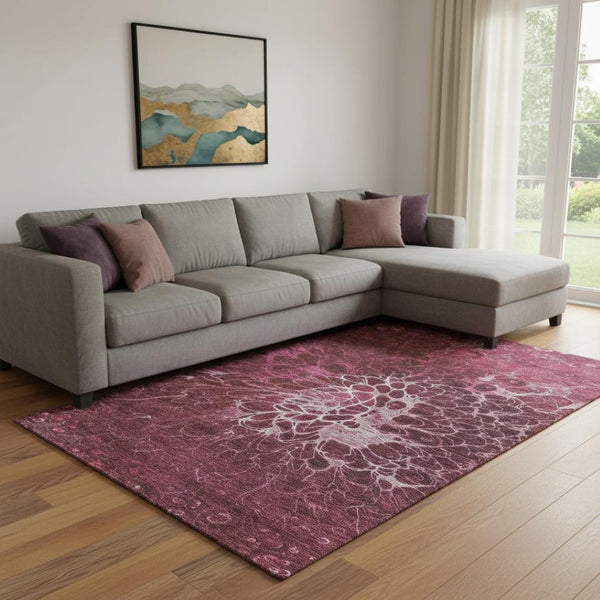 HomeRoots 10' X 14' Merlot & Silver Abstract Area Rug - Washable, UV Protected, Stain Resistant for Easy Care 654572