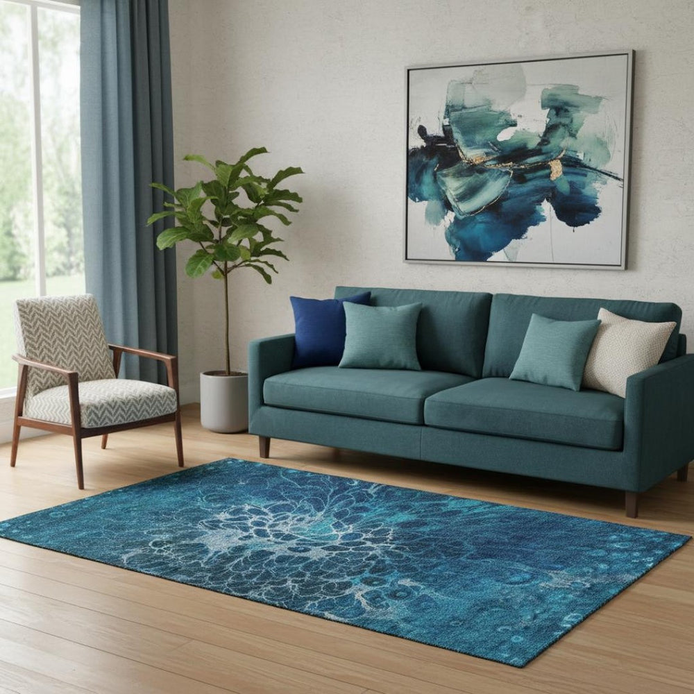 HomeRoots 5' X 8' Navy Blue And Ivory Abstract Area Rug – Durable, Washable, UV-Protected for Busy Homes 654574