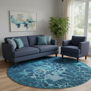 HomeRoots 8' Navy Blue & Ivory Abstract Round Rug - Washable, UV Protected, Durable & Stain Resistant Design 654575