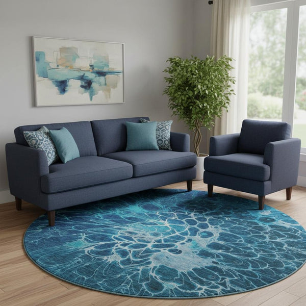 HomeRoots 8' Navy Blue & Ivory Abstract Round Rug - Washable, UV Protected, Durable & Stain Resistant Design 654575