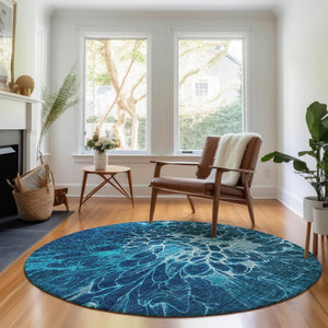 HomeRoots 8' Navy Blue & Ivory Abstract Round Rug - Washable, UV Protected, Durable & Stain Resistant Design 654575
