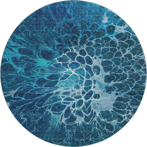 HomeRoots 8' Navy Blue & Ivory Abstract Round Rug - Washable, UV Protected, Durable & Stain Resistant Design 654575