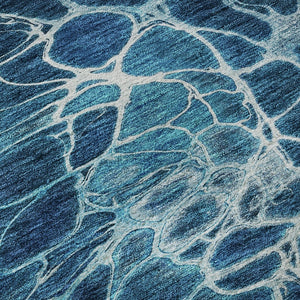 HomeRoots 8' Navy Blue & Ivory Abstract Round Rug - Washable, UV Protected, Durable & Stain Resistant Design 654575