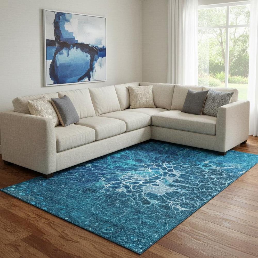 HomeRoots 8' X 10' Navy Blue & Ivory Abstract Washable Area Rug – Durable, Stylish, UV Protected for Any Space 654576
