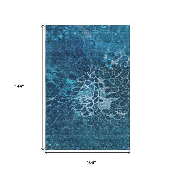 HomeRoots 9' X 12' Navy Blue Abstract Area Rug – Washable, UV-Protected, Durable Design for High-Traffic Spaces 654577