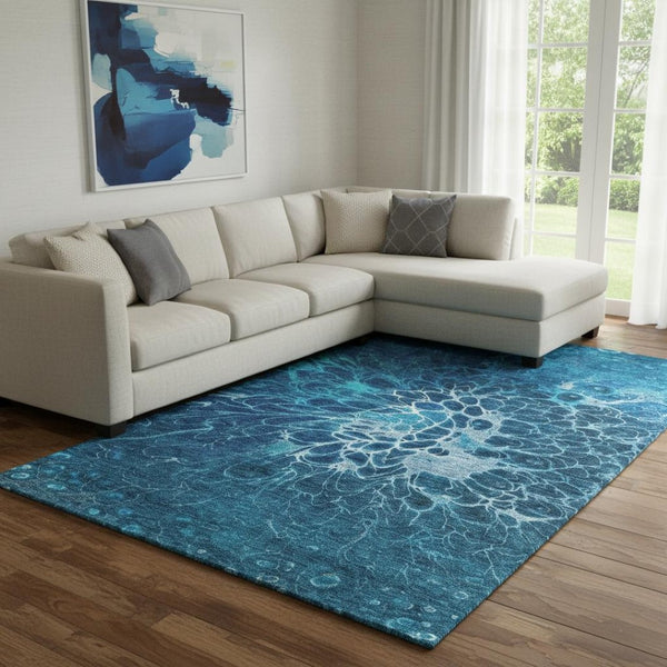 HomeRoots 9' X 12' Navy Blue Abstract Area Rug – Washable, UV-Protected, Durable Design for High-Traffic Spaces 654577