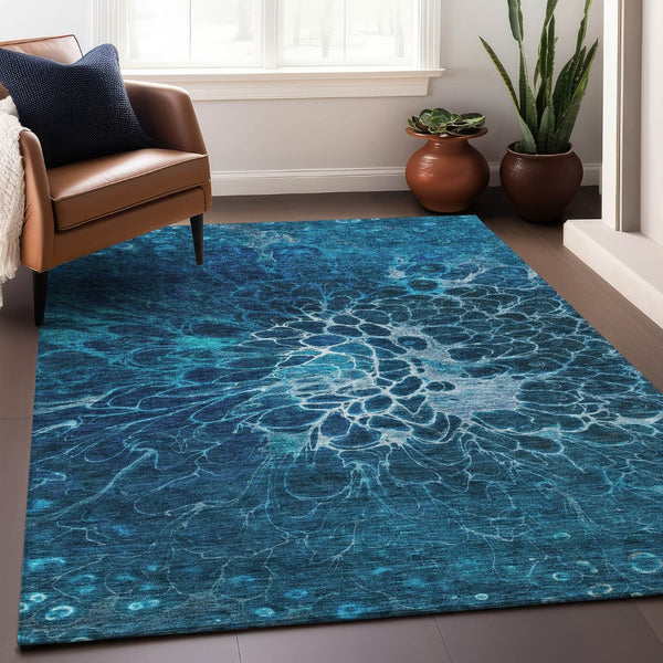 HomeRoots 9' X 12' Navy Blue Abstract Area Rug – Washable, UV-Protected, Durable Design for High-Traffic Spaces 654577