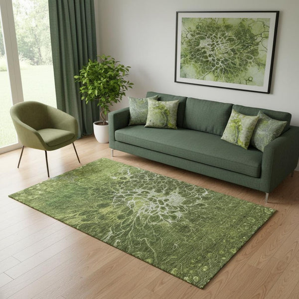 HomeRoots 5' X 8' Olive Green Abstract Area Rug - Washable, Durable, UV-Protected for Homes with Kids & Pets 654580
