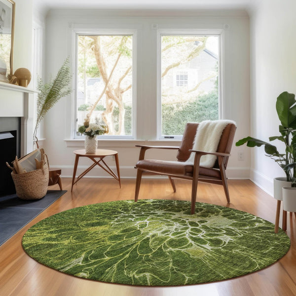 HomeRoots 8' Olive Green and Ivory Abstract Round Area Rug - Stylish, Washable, UV Protected for Modern Homes 654581