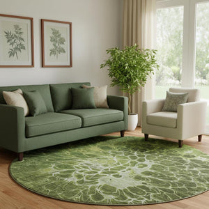 HomeRoots 8' Olive Green and Ivory Abstract Round Area Rug - Stylish, Washable, UV Protected for Modern Homes 654581