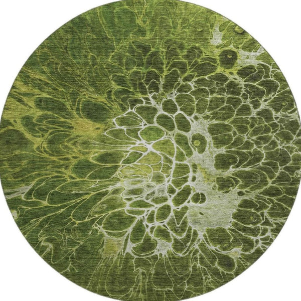 HomeRoots 8' Olive Green and Ivory Abstract Round Area Rug - Stylish, Washable, UV Protected for Modern Homes 654581