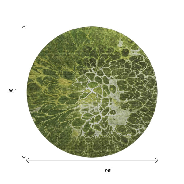 HomeRoots 8' Olive Green and Ivory Abstract Round Area Rug - Stylish, Washable, UV Protected for Modern Homes 654581