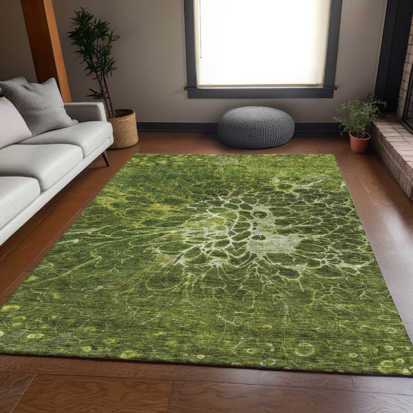 HomeRoots 8' X 10' Olive Green Abstract Area Rug - Washable, UV Protected, Durable for Homes with Kids & Pets 654582