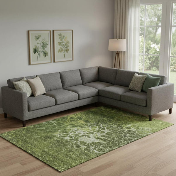 HomeRoots 8' X 10' Olive Green Abstract Area Rug - Washable, UV Protected, Durable for Homes with Kids & Pets 654582