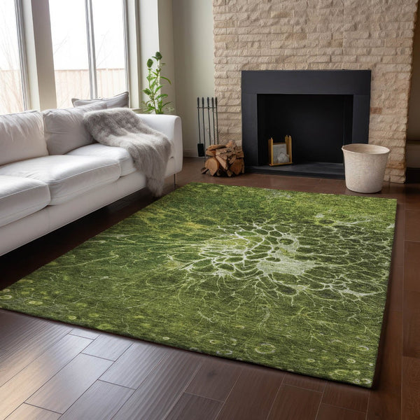 HomeRoots 8' X 10' Olive Green Abstract Area Rug - Washable, UV Protected, Durable for Homes with Kids & Pets 654582