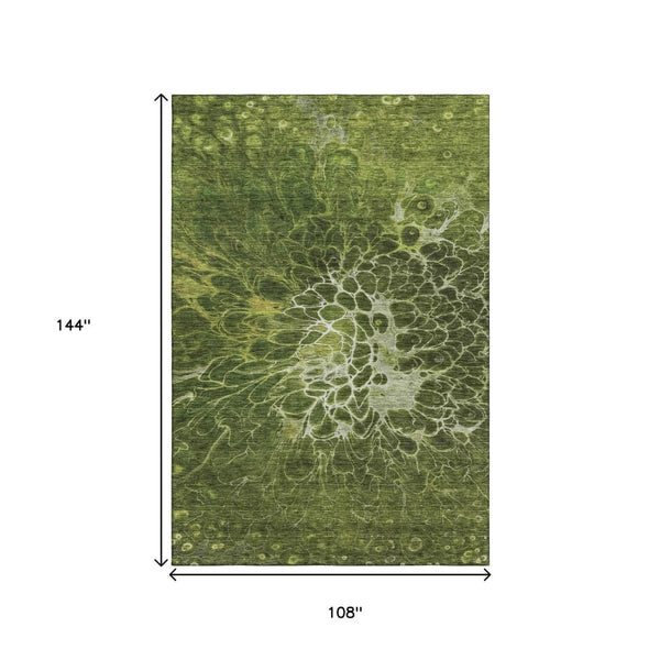 HomeRoots 9' X 12' Stylish Olive Green & Ivory Abstract Area Rug - Washable, UV Protected, Perfect for Families 654583