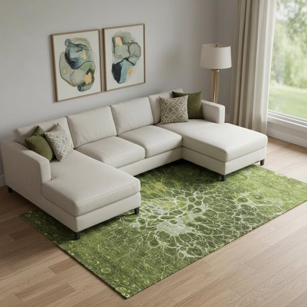 HomeRoots 9' X 12' Stylish Olive Green & Ivory Abstract Area Rug - Washable, UV Protected, Perfect for Families 654583