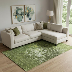 HomeRoots 10' X 14' Olive Green and Ivory Abstract Area Rug - Stain Resistant, UV Protected, Easy-Care Design 654584