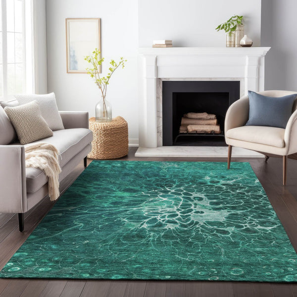HomeRoots 5' X 8' Teal And Ivory Abstract Washable Area Rug – Stylish, Durable, UV-Protected for Modern Homes 654586