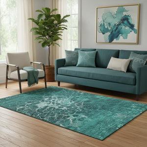 HomeRoots 5' X 8' Teal And Ivory Abstract Washable Area Rug – Stylish, Durable, UV-Protected for Modern Homes 654586