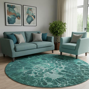HomeRoots 8' Teal And Ivory Abstract Round Rug – Washable, UV-Protected, Durable & Perfect for Busy Homes! 654587