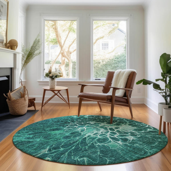 HomeRoots 8' Teal And Ivory Abstract Round Rug – Washable, UV-Protected, Durable & Perfect for Busy Homes! 654587