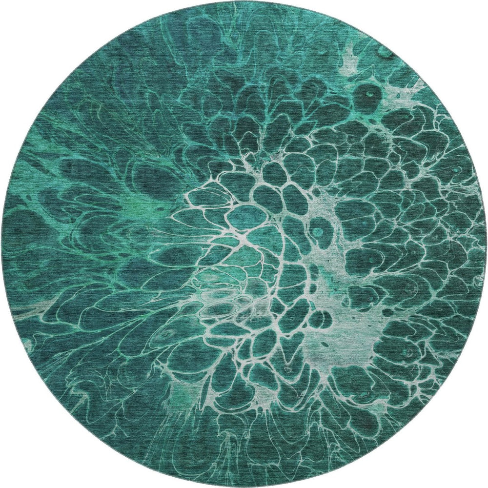 HomeRoots 8' Teal And Ivory Abstract Round Rug – Washable, UV-Protected, Durable & Perfect for Busy Homes! 654587