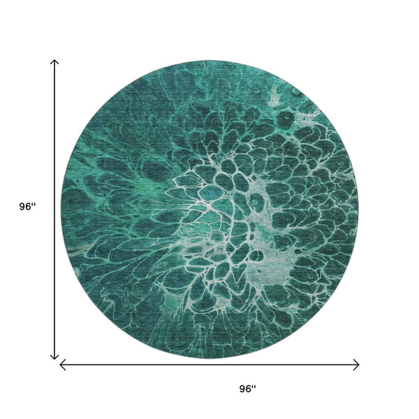 HomeRoots 8' Teal And Ivory Abstract Round Rug – Washable, UV-Protected, Durable & Perfect for Busy Homes! 654587