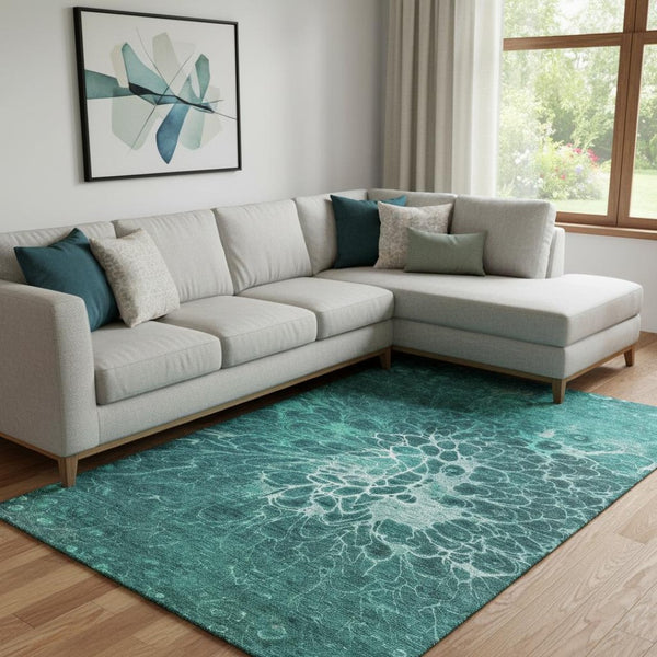 HomeRoots 8' X 10' Teal and Ivory Abstract Washable Area Rug with UV Protection - Durable, Stylish, Easy-Care! 654588