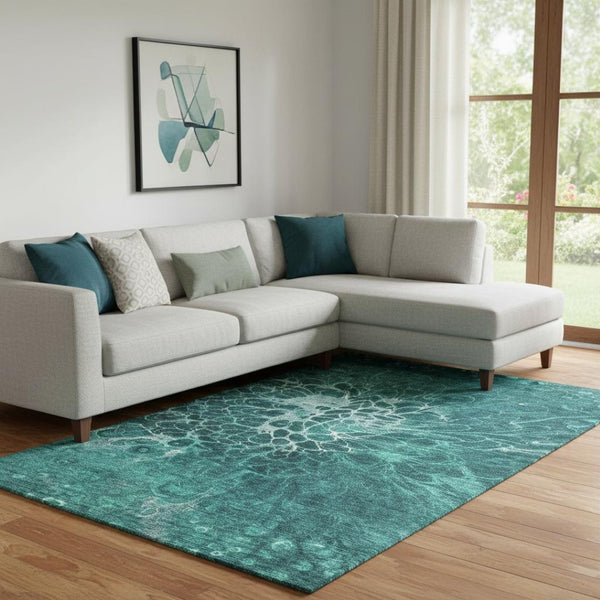 HomeRoots 9' X 12' Teal and Ivory Abstract Area Rug - Durable, Washable, UV-Protected for Stylish Living Spaces 654589