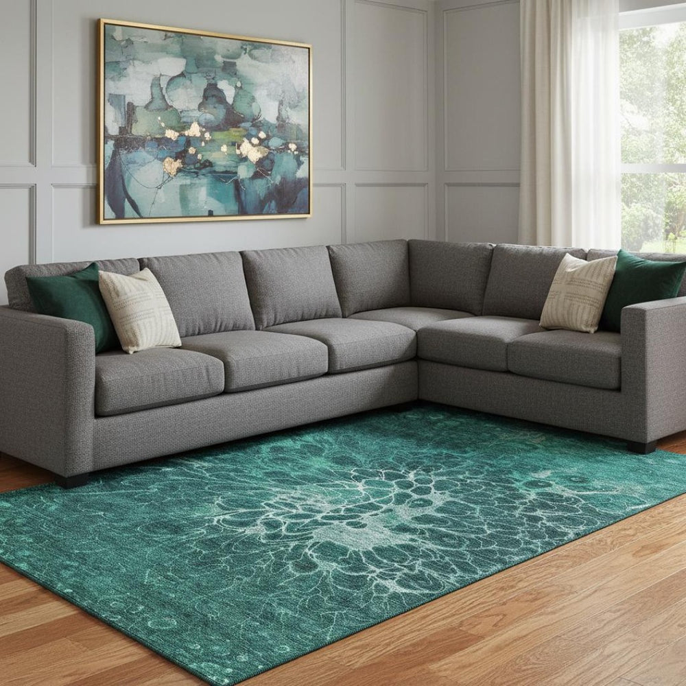 HomeRoots 10' X 14' Teal And Ivory Abstract Washable Area Rug - Stain Resistant, UV Protected, Durable Design 654590