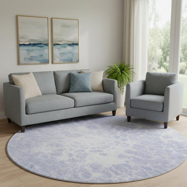 HomeRoots 8' Lavender and Ivory Abstract Round Rug - Washable, Stain-Resistant, UV Protected for Living Spaces 654593