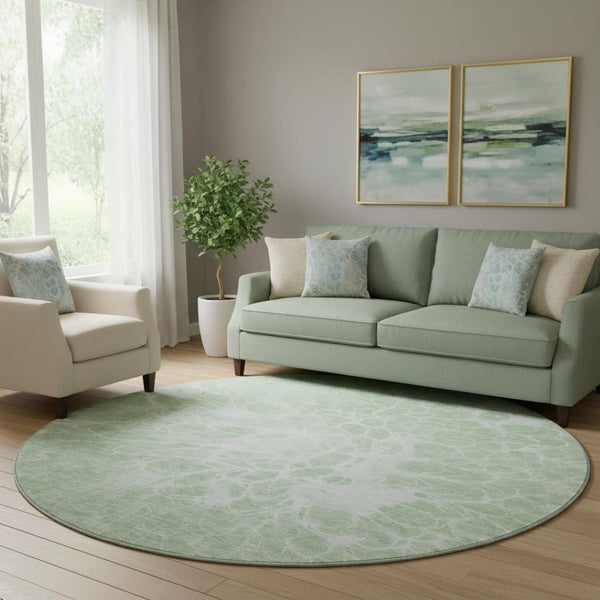 HomeRoots 8' Mint Green and Ivory Abstract Washable Round Rug – Durable, Stain-Resistant, UV Protected Style 654599