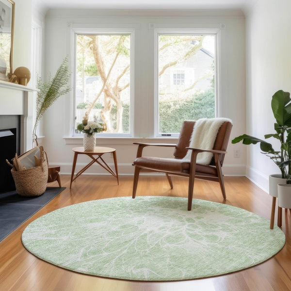HomeRoots 8' Mint Green and Ivory Abstract Washable Round Rug – Durable, Stain-Resistant, UV Protected Style 654599